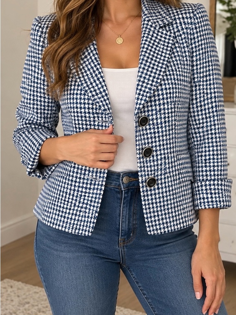 Tahari Navy and White Houndstooth Blazer